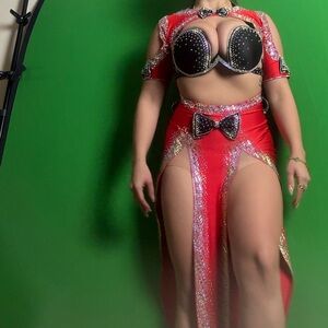 Red and Black Studded belly dance Costume